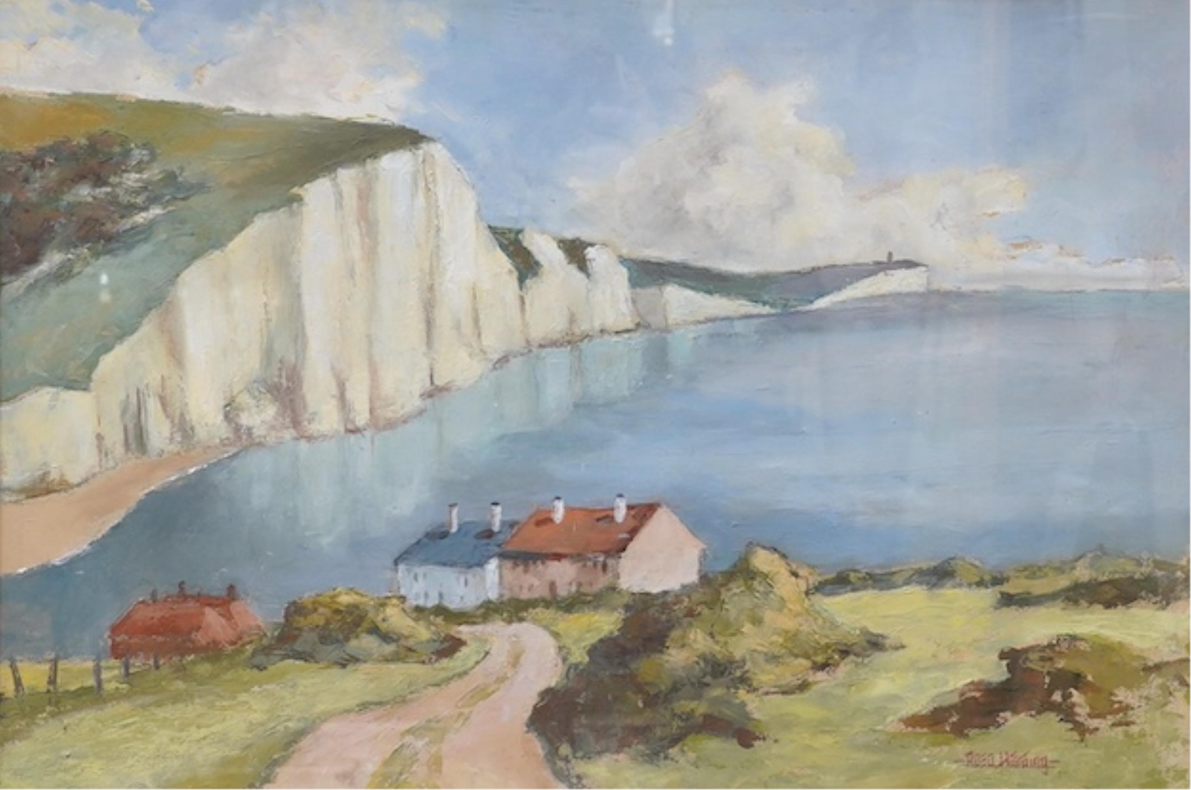 Two watercolours comprising Ernest William Haslehust (1866-1949), ‘Springtime near Fletching’ and ‘On the Weir’ and Rosa Harding, oil, Seven Sisters, each signed, 36 x 54cm. Condition - fair to good